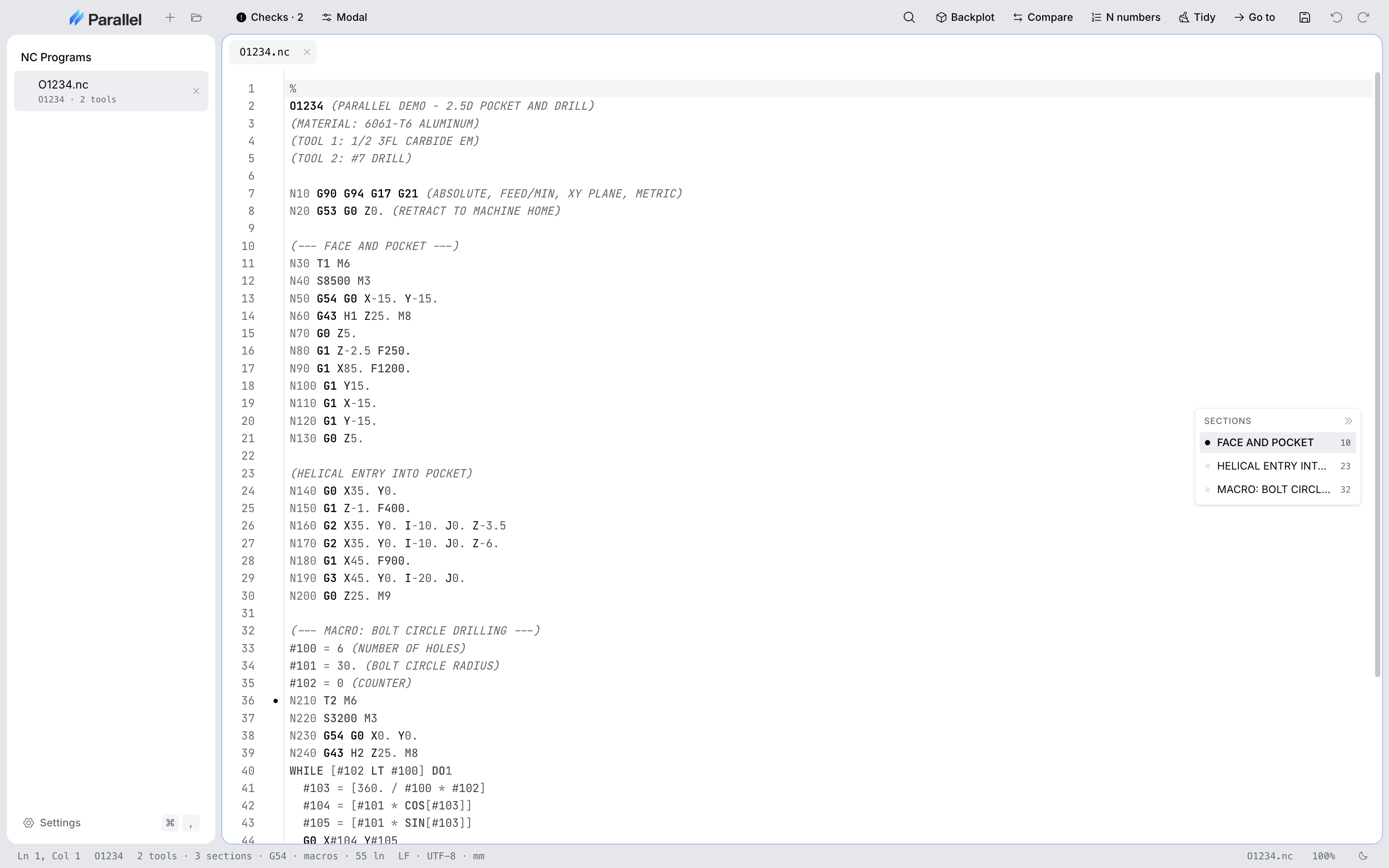 Parallel Desktop editing a CNC program with the Sections panel listing Face and Pocket, Helical Entry, and Macro: Bolt Circle