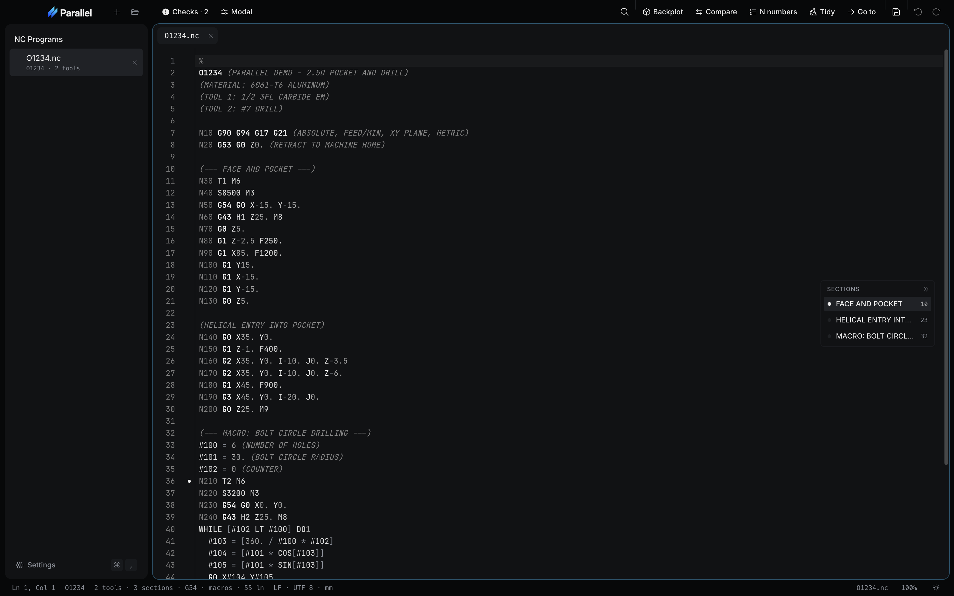 Parallel Desktop editing a CNC program with the Sections panel listing Face and Pocket, Helical Entry, and Macro: Bolt Circle