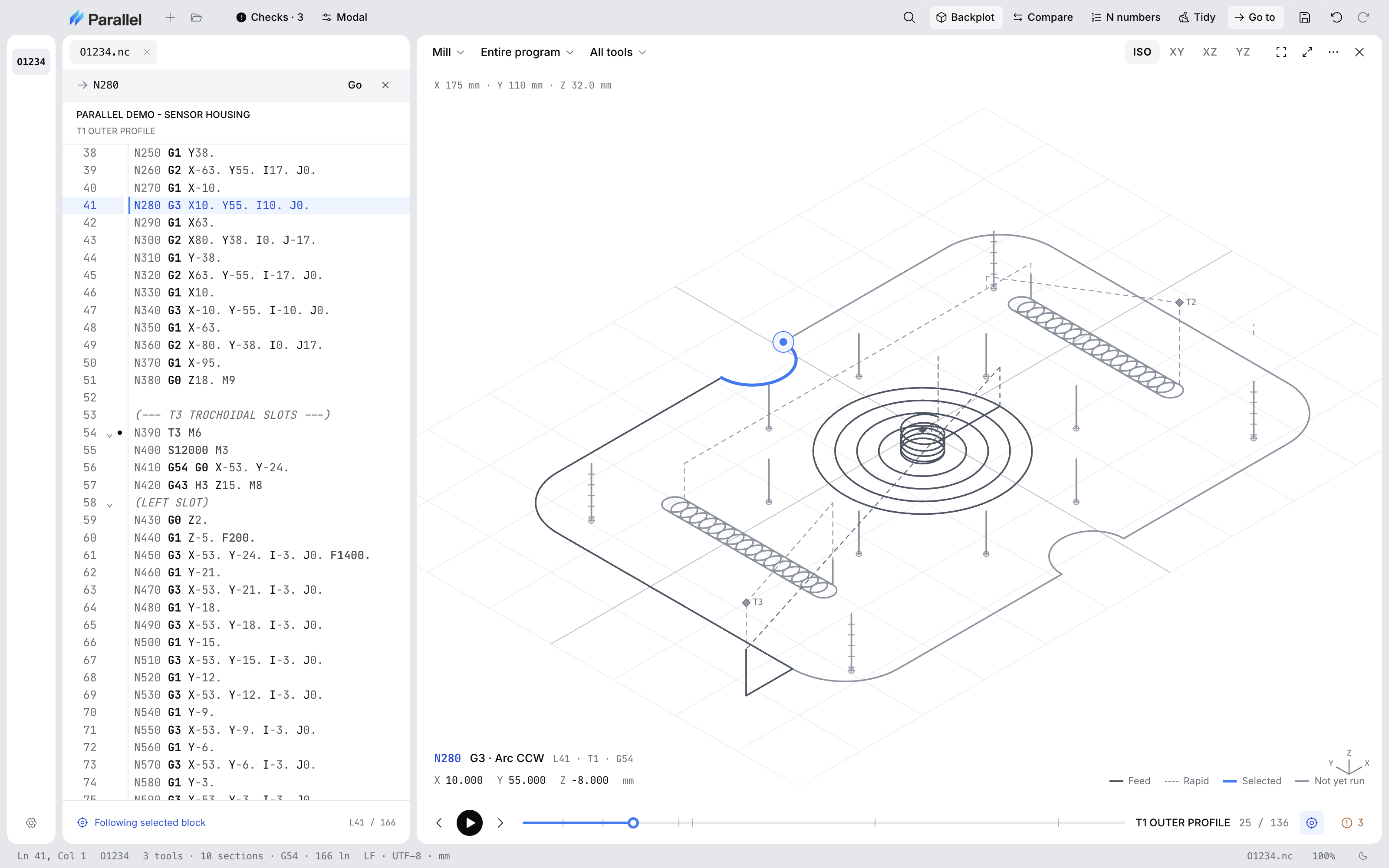 The Go to bar with N280 typed in and its Go button, above the program and section name, Parallel Demo - Sensor Housing, T1 Outer Profile, and the lines around N280 with that block highlighted.