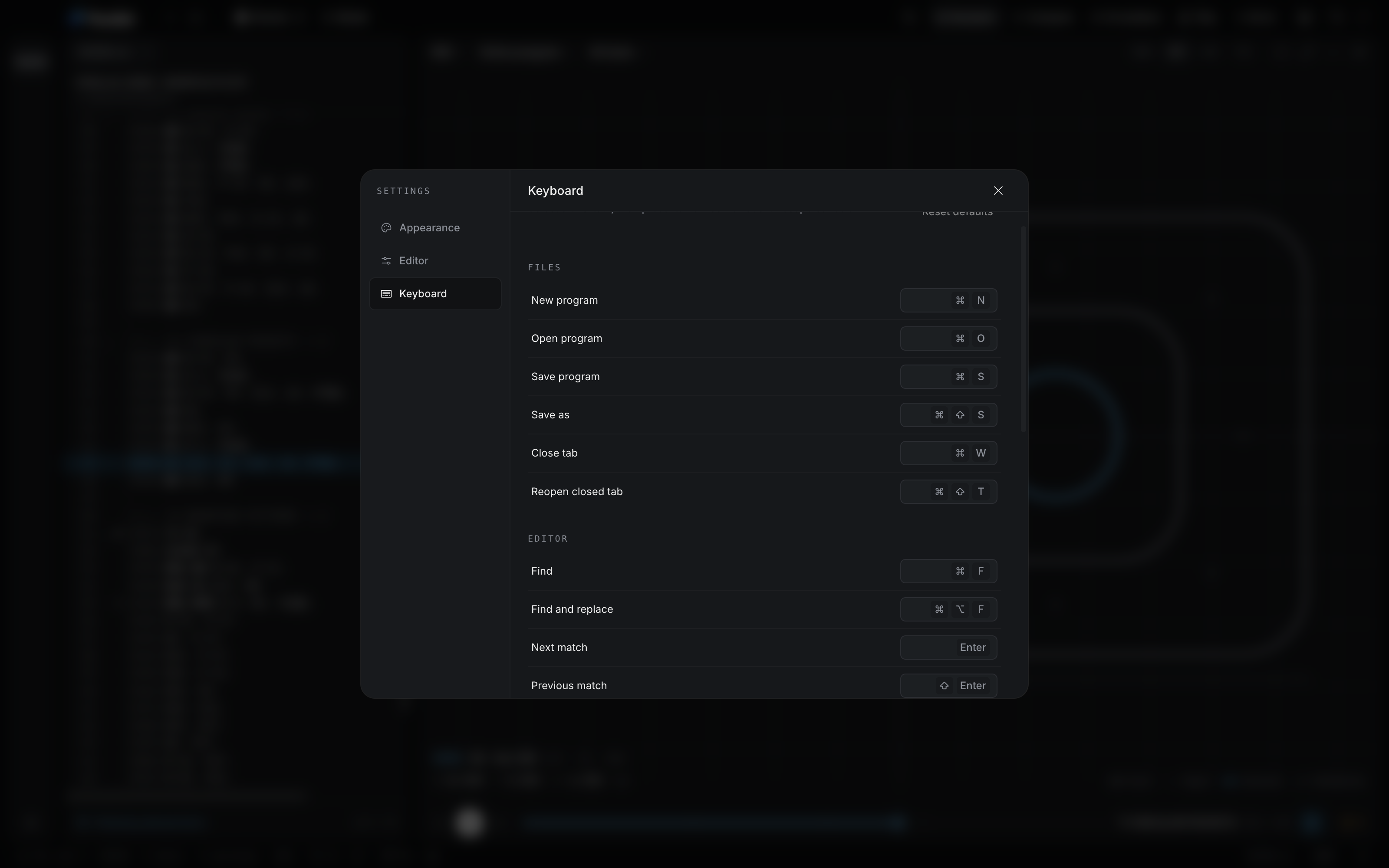 Keyboard settings: select a shortcut and press its new combination, with a Reset defaults button above the file shortcuts for New program, Open program, and Save program.