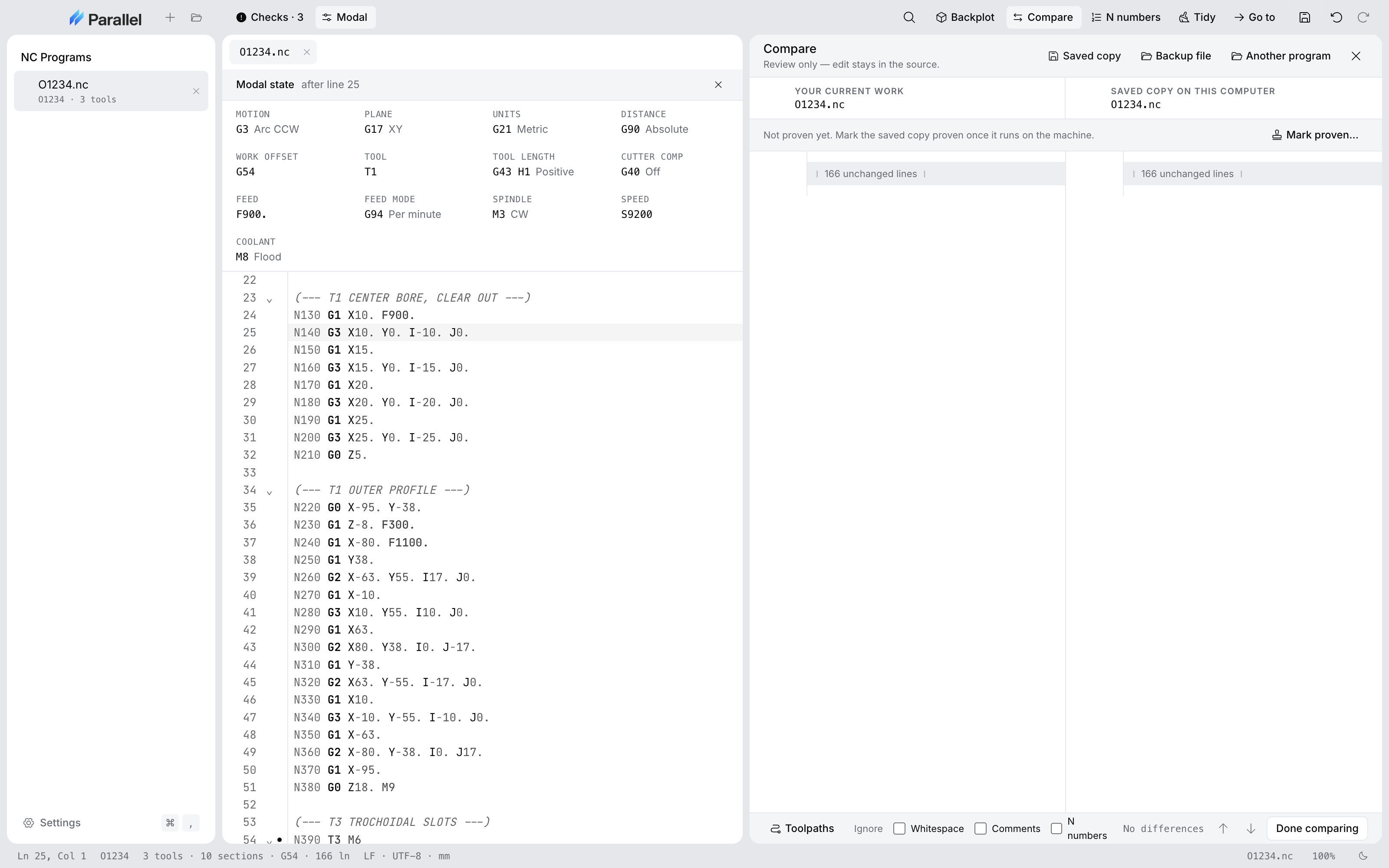Parallel Desktop with the Modal state panel open above the program in a four-column grid, showing the motion, plane, units, offset, tool, tool length, cutter comp, feed, spindle, and coolant in force after line 25, with Compare open beside it