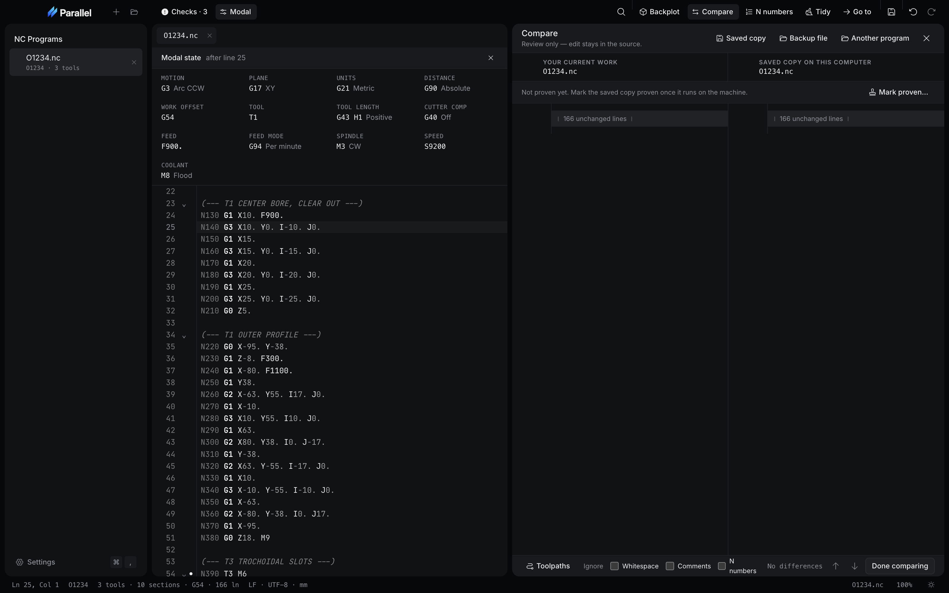 Parallel Desktop with the Modal state panel open above the program in a four-column grid, showing the motion, plane, units, offset, tool, tool length, cutter comp, feed, spindle, and coolant in force after line 25, with Compare open beside it