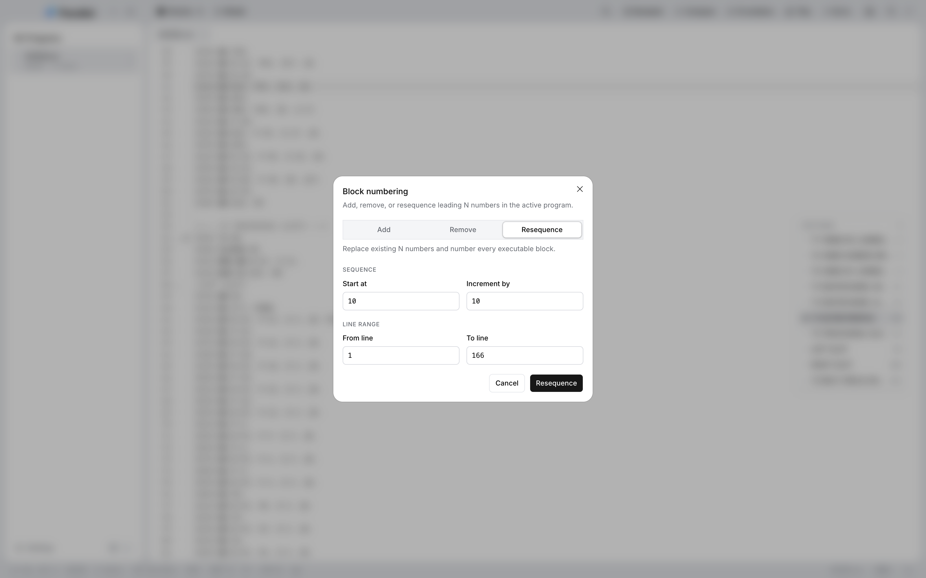 The Block numbering dialog: Add, Remove, and Resequence options with Resequence selected, Start at 10, Increment by 10, and a line range of 1 to 166.