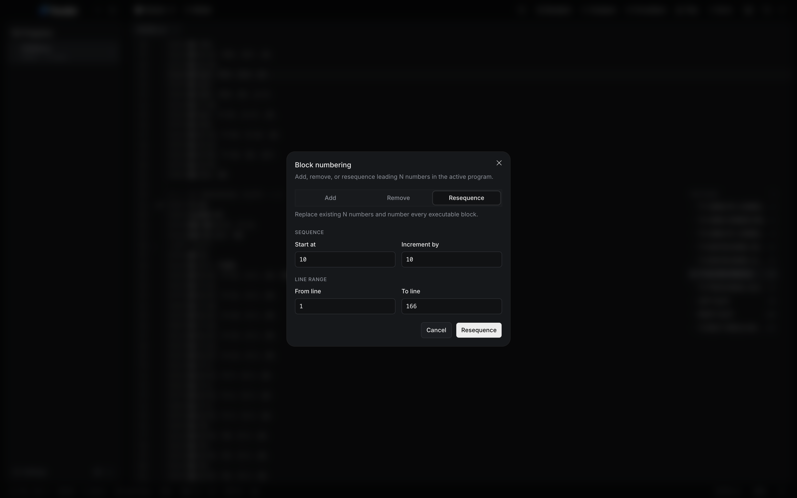 The Block numbering dialog: Add, Remove, and Resequence options with Resequence selected, Start at 10, Increment by 10, and a line range of 1 to 166.