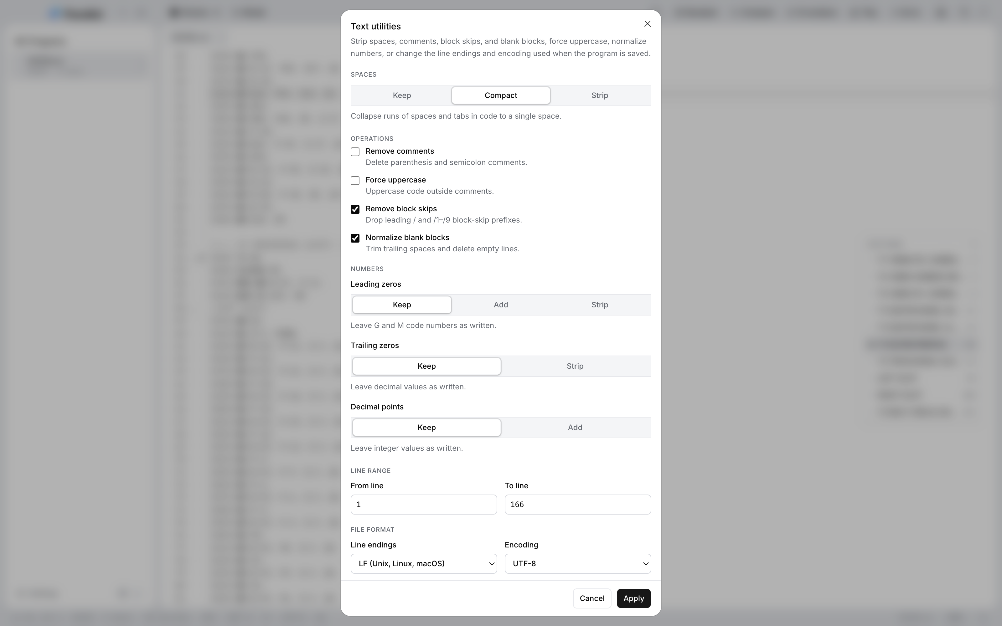 The Text utilities dialog with Compact spacing selected and Remove block skips and Normalize blank blocks ticked, beside unticked Remove comments and Force uppercase.