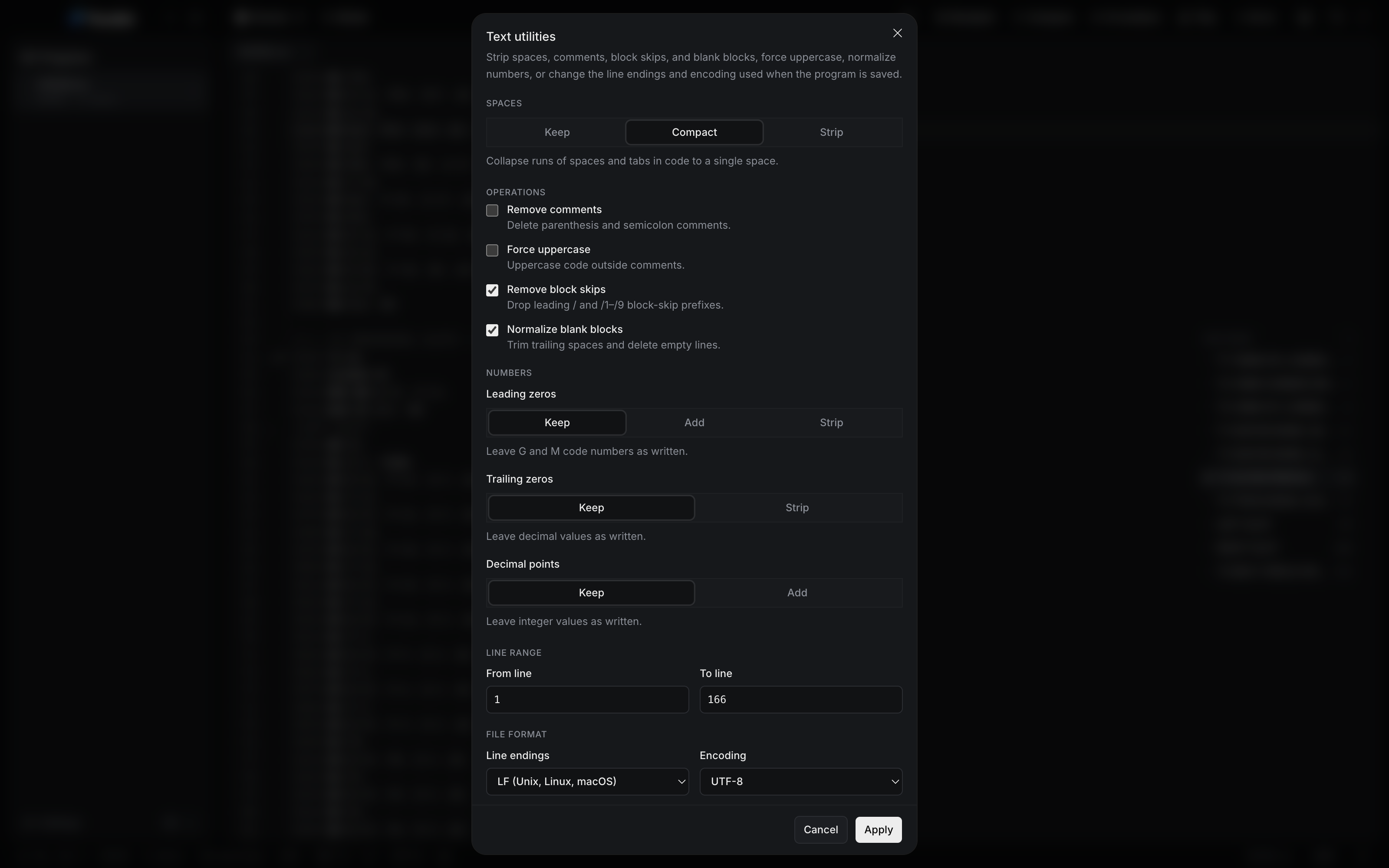The Text utilities dialog with Compact spacing selected and Remove block skips and Normalize blank blocks ticked, beside unticked Remove comments and Force uppercase.