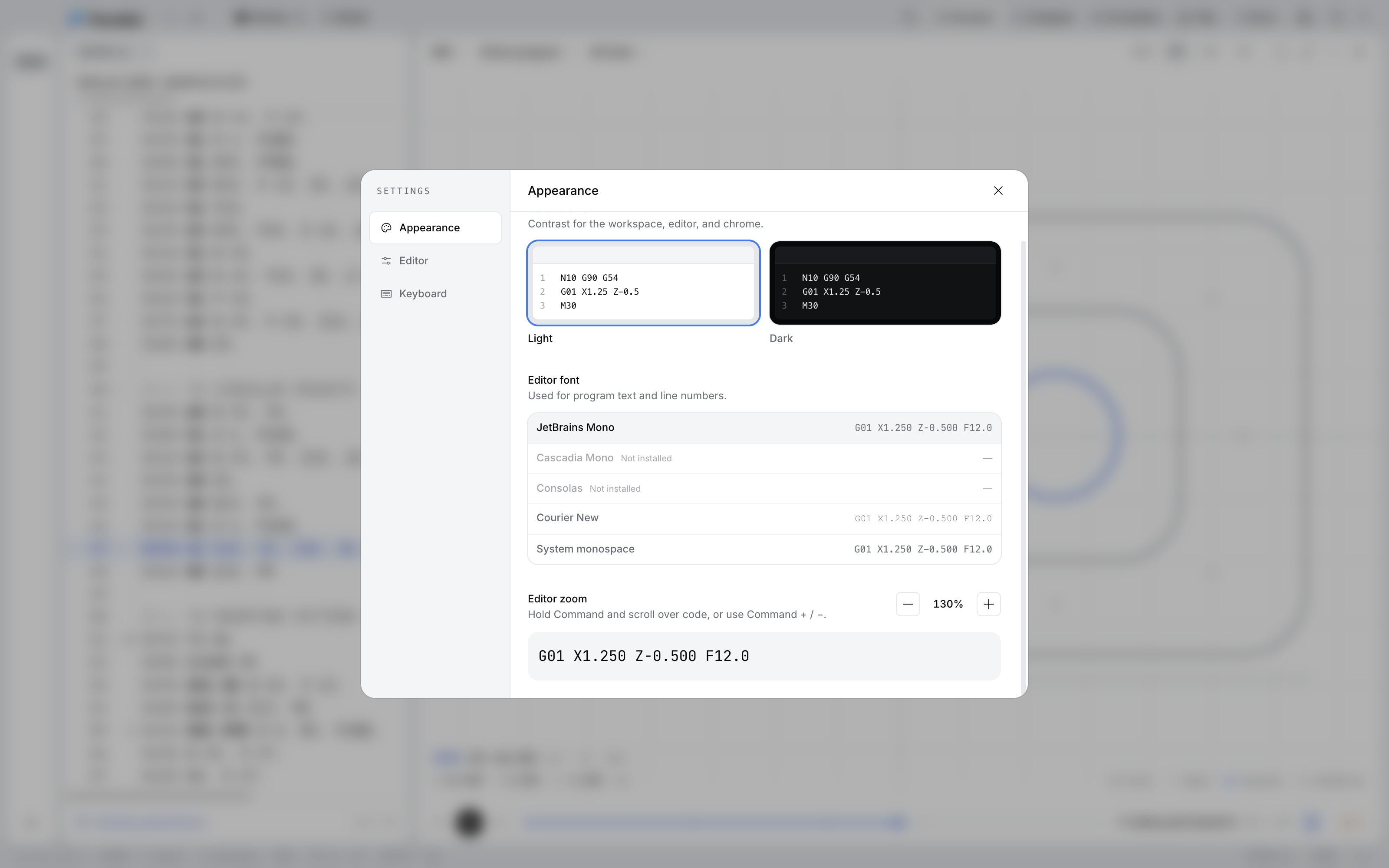 The editor zoom control at 130% with a line of G-code previewed at that size.