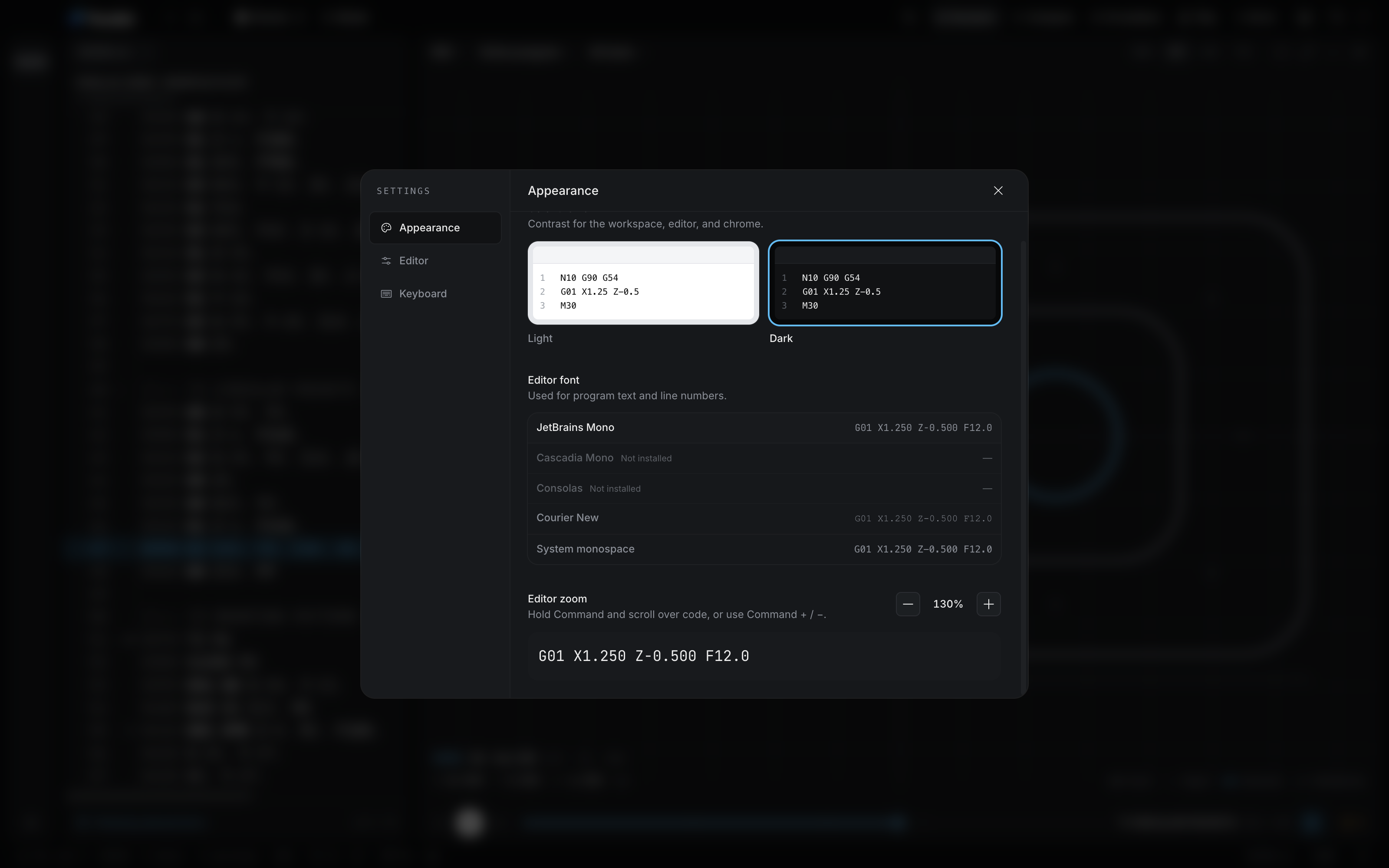 The editor zoom control at 130% with a line of G-code previewed at that size.