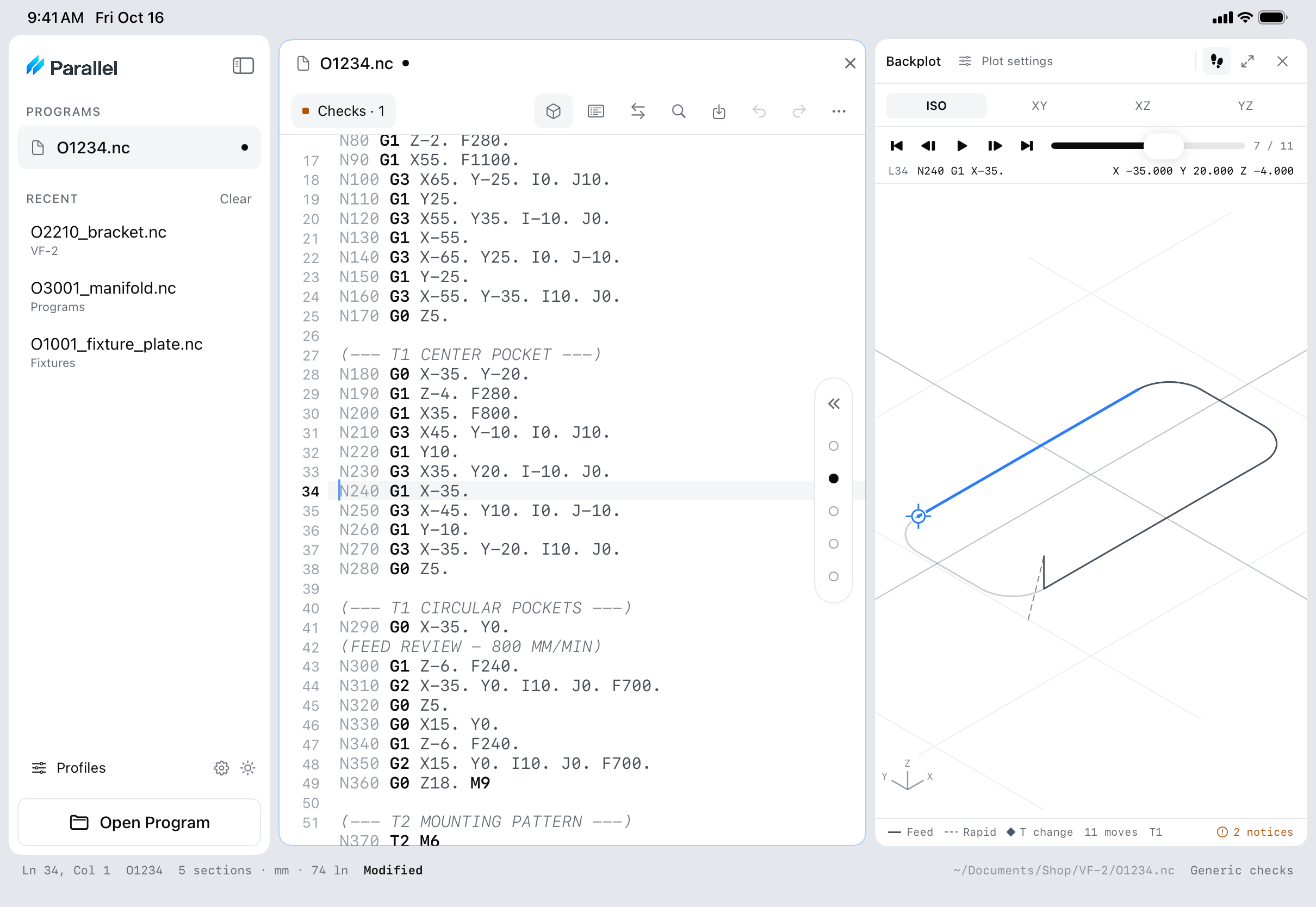 Parallel on iPad with the program beside an isometric backplot and step-through controls.