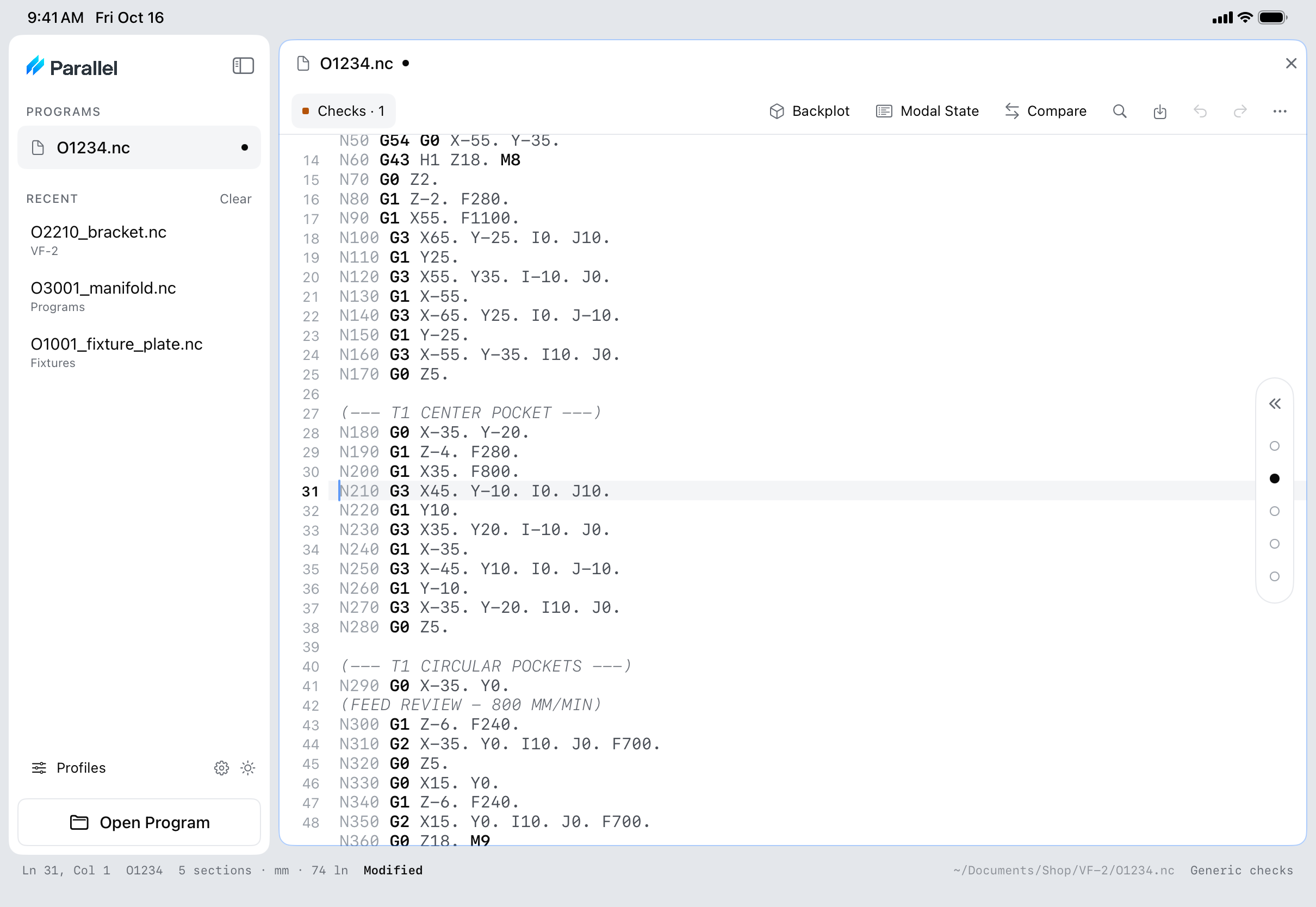 Parallel on iPad editing a CNC program, with the program list in the sidebar.