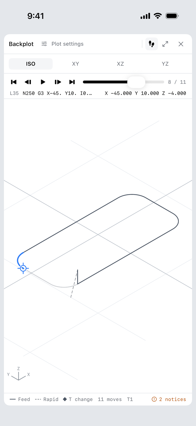 Parallel on iPhone showing an isometric backplot with the step-through controls above it.